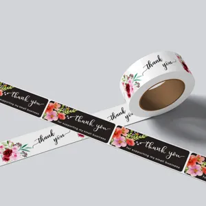Rectangle thank you stickers roll, floral design for gift sealing, bakery and florist packaging.
