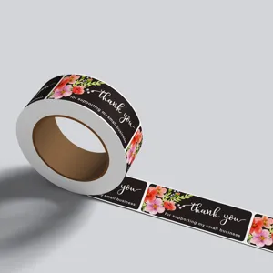 Rectangular thank you sticker roll with floral design for gift sealing and bakery packaging.