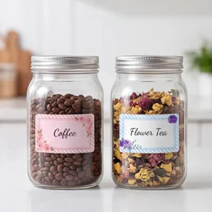 Glass storage jars with floral label stickers, perfect for kitchen organization and pantry decor.