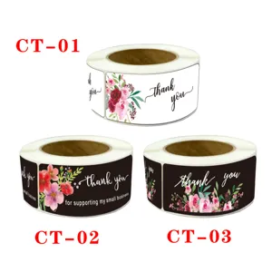 Floral Thank You Self Adhesive Stickers Roll Packaging Sealing Labels For Gift Box And Small Business Orders