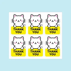 Gros plan détaillé de la feuille d'autocollants chat mignon merci pour emballage et décoration.