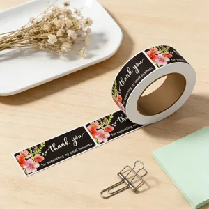 Rectangular thank you stickers roll with floral design, perfect for gift wrapping and baking sealing.