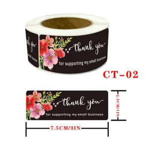 Roll thank you floral sealing stickers for small business packaging, decorative labels 7.5x2.5cm.