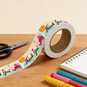Close-up detail of cute rectangle Thank You stickers roll on wooden desk with stationery.