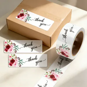 Watercolor floral thank you stickers roll, decorative adhesive labels for gifts and baking.