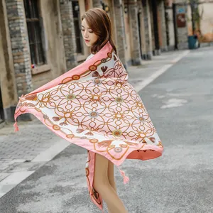 Pink vintage chain print silk scarf women elegant fashion shawl for travel and daily wear