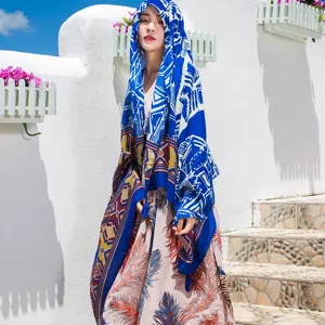 Sommer blau ethnischer Druck Schal Tuch Damen Strand Sonnenschutz lang leicht Sommer