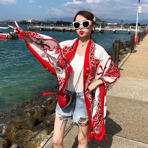 Summer ethnic style print large scarf shawl, lightweight cotton linen sun protection beach wrap.