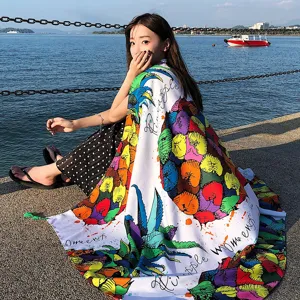 Tropical floral print beach scarf shawl, lightweight summer vacation towel wrap for women.