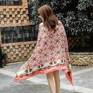 Retro chain floral print women silk scarf versatile fashion shawl for all seasons travel use