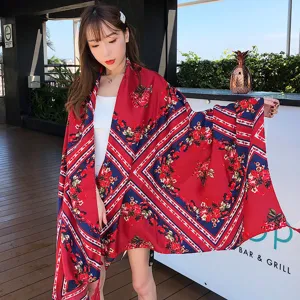 Ethnic style floral print beach shawl summer sunshade fashion travel scarf for women.
