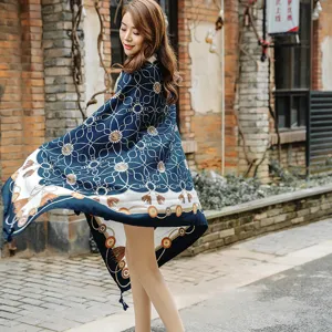 Retro chain print silk scarf detail, elegant blue shawl showing luxurious tassel patterns.