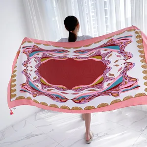 Women retro ethnic print silk feel large shawl scarf for office air conditioned room