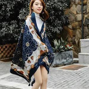 Vintage chain print silk scarf shawl for women, elegant tassel design, versatile wear.