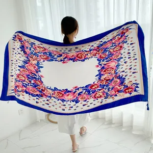 Vintage floral print scarf elegant blue border large square shawl for women daily wear
