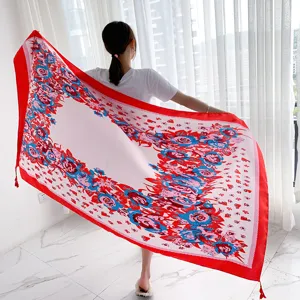 Women's retro floral print long shawl scarf elegant red border office air-con room wrap