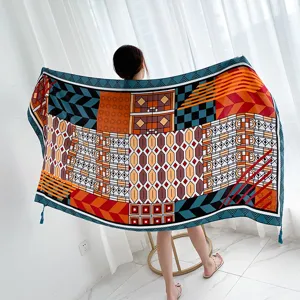 Ethnic geometric colorblock scarf shawl women sun protection travel silk scarf drape warm wrap