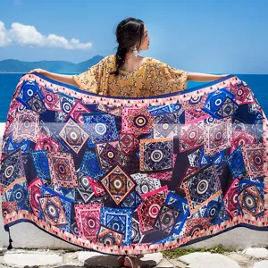 Ethnic style geometric print beach scarf women summer sun protection shawl vacation wrap.