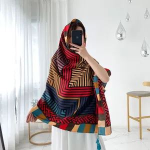 Ethnic style geometric printed cotton linen tassel scarf shawl for women travel beach daily.