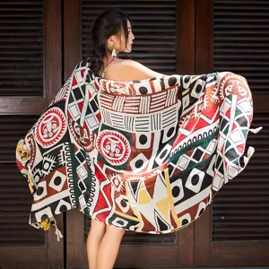 Ethnic tribal print beach scarf and shawl for women, perfect vacation sun protection wrap.