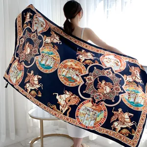 Vintage retro style women silk scarf shawl, elegant equestrian baroque pattern detail display.