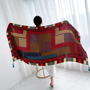 Ethnic geometric print tassel scarf, versatile beach shawl and sun protection wrap for women.