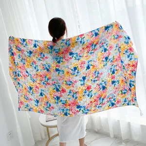 Women vintage floral print cotton linen shawl, ethnic style sunscreen beach towel scarf.