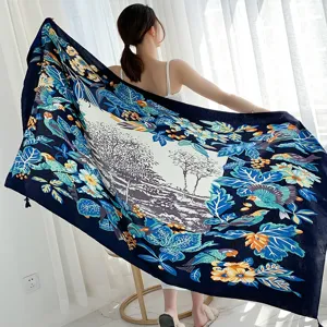 Boho vintage style large silk scarf shawl, retro bird and floral print for women office use.