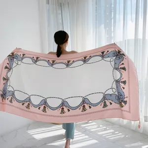 Luxury silk scarf for women, elegant pink shawl with tassel rope print, 2023 new fashion accessory.