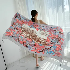 Women vintage bird print silk scarf shawl, elegant large square wrap for office AC room.