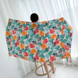 Boho tropical leaf print beach towel cotton summer sunscreen shawl for women vacation travel