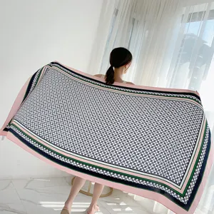 Women vintage geometric print scarf shawl elegant office air conditioning wrap large size