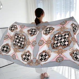 Women retro baroque print large scarf elegant checkered shawl office air conditioning cape