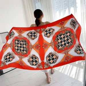 Elegant orange baroque silk scarf detail, vintage chain pattern shawl for women office.