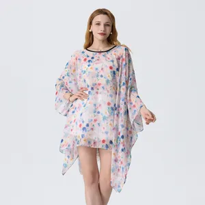 Summer floral print chiffon kaftan beach cover up dress, loose loose fit elegant tunic.