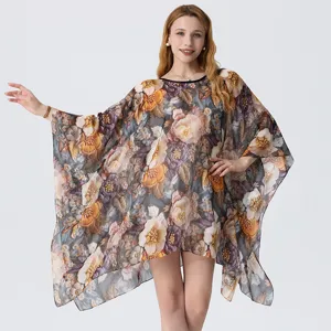 Chic floral print chiffon beach cover-up batwing sleeve sundress for summer holiday vacation.
