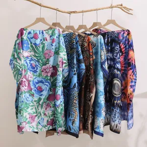 Summer women sun protection clothing imitation silk floral print loose beach shawl top