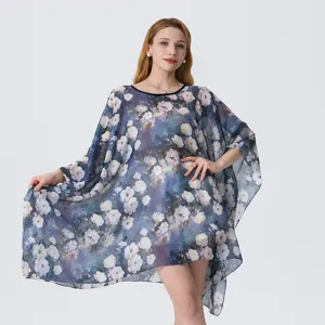 Summer 3D floral print chiffon beach dress loose short sleeve casual women cover up.