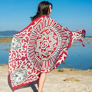 Red ethnic style beach scarf, linen shawl variant, sun protection wrap for women.