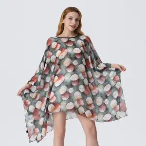 Summer 3D printed loose chiffon beach dress women's casual resort wear tunic poncho