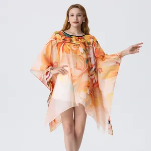 Detailed view of women summer floral print sheer georgette beach poncho resort wear cover-up