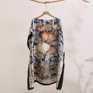 Women's Summer Loose Printed Sun Protection Shawl Boat Neck Imitation Silk Cape Coat