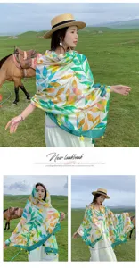 Detail view of bohemian floral print lightweight shawl scarf for women beach travel.