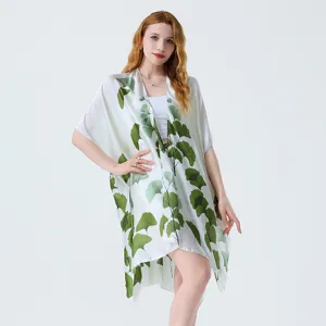 Donna verde foglia di ginkgo stampa kimono cardigan largo spiaggia copricostume sole.