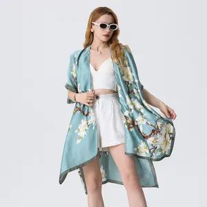 Light blue silk floral kimono cardigan beach sun protection shawl loose cover up top