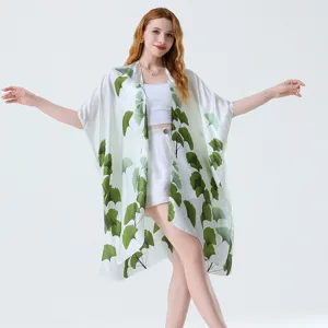 Foulard Quadrato in Raso Moda Donna Stampa Foglia di Ginkgo Verde Scialle Leggero Protezione Solare Spiaggia