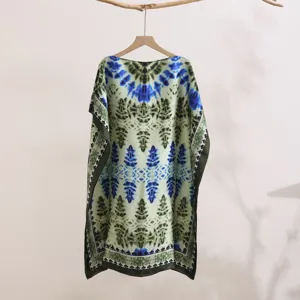 Blue Green Tie Dye Off Shoulder Sun Protection Shawl Summer Faux Silk Loose Cover Up