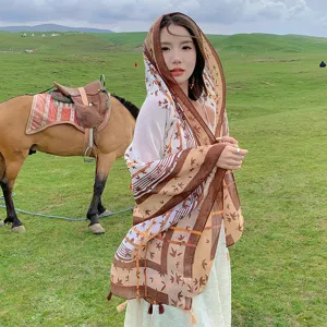 Bohemian ethnic sun protection scarf shawl for women, lightweight travel beach wrap.