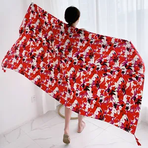 Women retro floral print beach towel summer travel sun protection shawl with tassels cotton