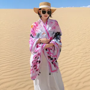 Bohemian floral print sun protection scarf lightweight shawl for women beach travel holiday